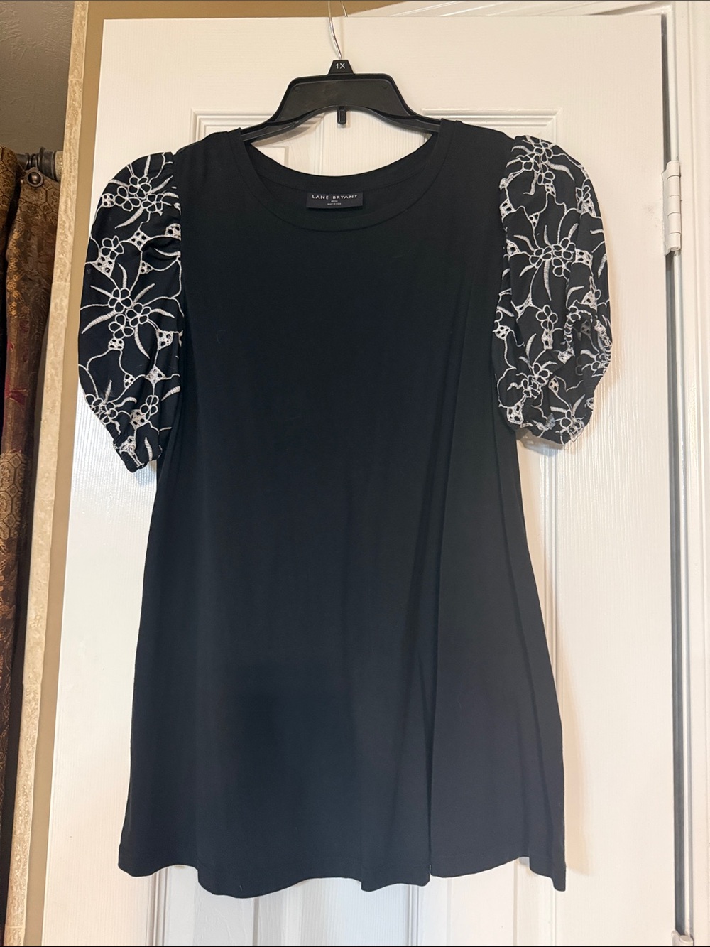 Lane Bryant Black Top with White Floral Puff Sleeves